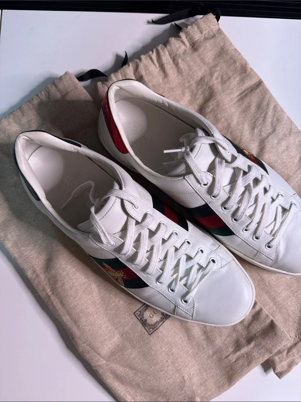 Gucci White Leather Sneakers with Red & Green Web and Gold Bee